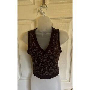 Mixed Threads LA Brown Mushroom Print V-Neck Sleeveless Sweater Vest Small